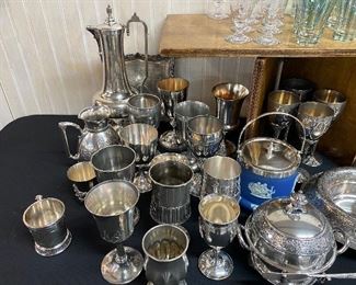 Assorted Victorian silverplated items, including a Wedgwood (silverplate fittings) biscuit/cookie jar, and hard-to-find goblets.