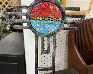 Iron Cross Sculpture with Colorful Inlaid Art
