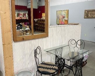 Arched Window Wall Mirror, Iron Bistro Set with Repurposed Treadle Sewing Machine Base, Oriental Porcelain Fishbowl on Stand