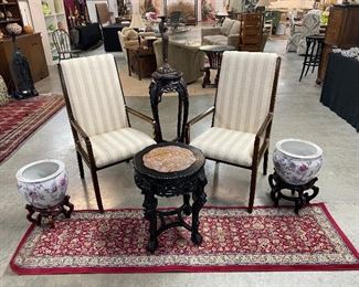 Oriental Fishbowl Pair, Intricate Inlaid Accent Table, Wool Runner, Pair of Baker Accent Chairs