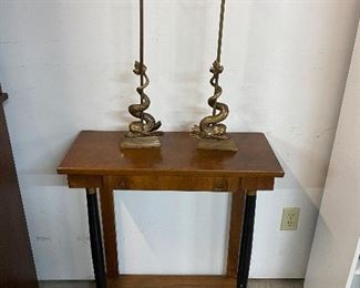Pair of English Brass Dolphin/Intertwined Trident Décor, Accent Table with drawer
