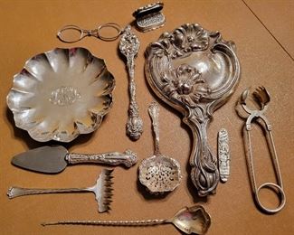 Sterling, includes Vinaigrette, Lorgnette, Unusual pocket knife, Ice tongs, Pierced bonbon spoon, and more
