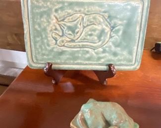 Pewabic pottery cat tile and paperweight 