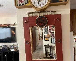 Miller highlife working clock and a Texas themed mirror