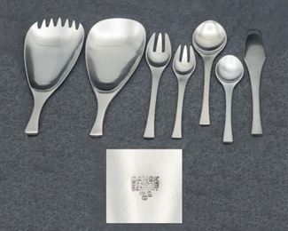 1964 Dansk Odin stainless steel flatware [Germany]—mid-century modern design created by noted designer and sculptor Jens Quistgaard. Service for 8 plus serving pieces. 