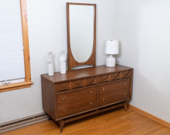 1964 mid-century Broyhill Brasilia walnut bedroom set with king size headboard, six-drawer dresser and mirror, 5-drawer highboy dresser, and nightstand—one owner, like new condition