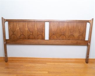 1964 mid-century Broyhill Brasilia walnut bedroom set with king size headboard, six-drawer dresser and mirror, 5-drawer highboy dresser, and nightstand—one owner, like new condition