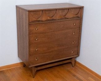 1964 mid-century Broyhill Brasilia walnut bedroom set with king size headboard, six-drawer dresser and mirror, 5-drawer highboy dresser, and nightstand—one owner, like new condition