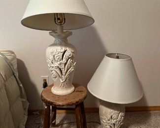 Pair Of 3way Lamps With Shades And Stool