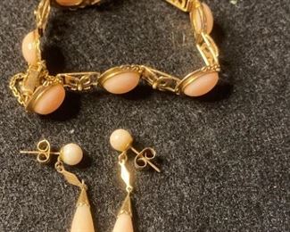 Pink Stone And 14K Gold Bracelet And Earrings