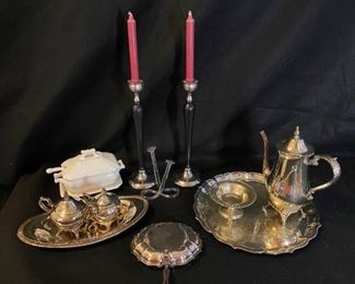 Silver Plated Serveware Teapot Silent Butler Crumb Tray Tall Candlesticks More