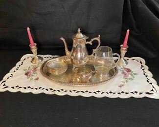 Silver Plated Tea Pot Creamer Candle Holders Tray More