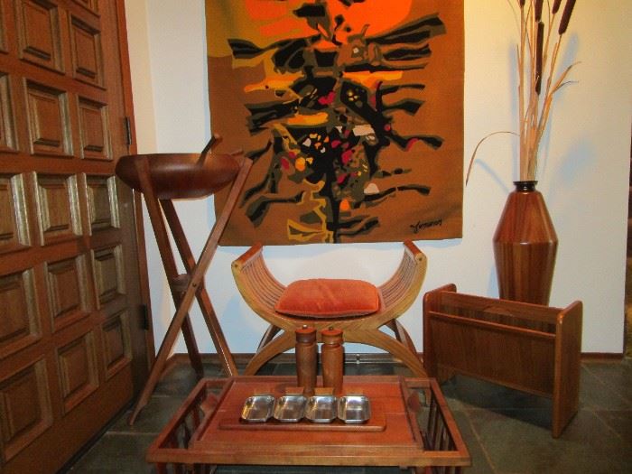 Mid Century Central!! Mid Century wall hanging, Mobler teak magazine rack, teak mid century bowl with pedestal, mid century bench and more.
