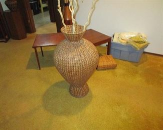 Mid century tables and large basket vase