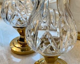 2 Waterford Crystal Belmont Hurricane Lamps w/ Brass Candle Holders 7.75"H
Set $95

