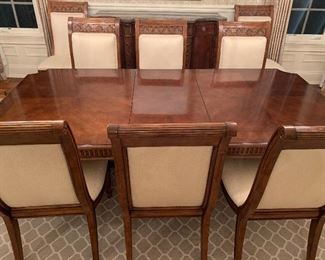 72” Hekman Furniture Dining Table
46”w x 29.5”h, 8 Upright Upholstered seat & back Chairs, 2 Arm Chairs $2995