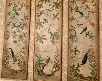 3 piece Aviary panels (each 60h x 20”w) hand painted & finished with gold leaf $295