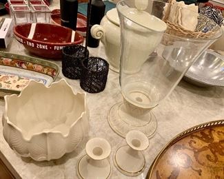 Ivory Lenox Vntg serving bowl Palmetto design $25
Short taper candle set $10
Large glass Hurricane & ivory Lenox Candle holder / vase $15