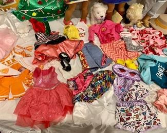 Dolls sold
Pink dress & blue dance sold
Clothes Extra:
Dresses, Coats, boots $10 ea
Shoes, shirts, shorts, $5ea
Dogs $10ea