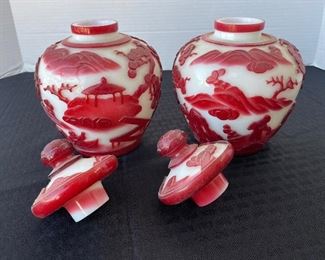 57______$395 
Pair of Pekin glass Cameo ginger urn 8T x 5W