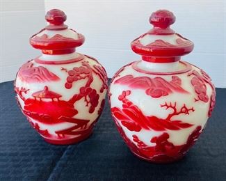 57______$395 
Pair of Pekin glass Cameo ginger urn 8T x 5W