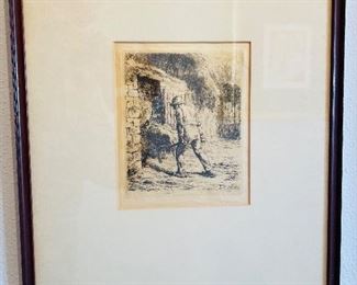 #125 - $400 - Jean-Francois Millet (1814-1875) etching "man with wheelbarrow" 14x17