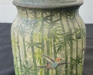 119______$475 
RARE Handel Teroma Cameo glass jar with lid Exotic birds flying in Bamboo 