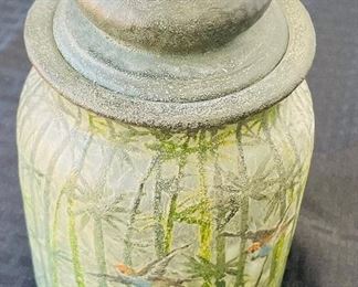 119______$475 
RARE Handel Teroma Cameo glass jar with lid Exotic brids flying in Bamboo 