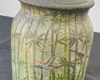 119______$475 
RARE Handel Teroma Cameo glass jar with lid Exotic brids flying in Bamboo 