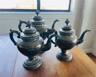 #130 - $80 Silver plated set of 3 coffee/tea pots 