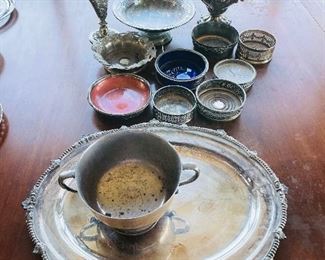 #131 - $100 Silver plated lot with wine coasters /vase / ewer / salver 