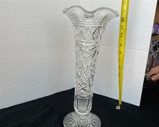 #142 -$50  Tall cut crystal vase scalloped edges 