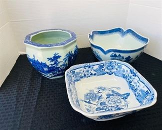 #153 - $50 Lot of 3 blue & white bowls/planter 