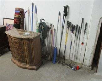 MARBLE TOP CABINET, GOLF CLUBS