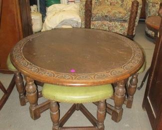 ETHAN ALLEN, MADE IN ENGLAND, ROUND TABLE AND FOUR STOOLS THAT STORE UNDER TABLE