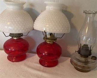 Red Glass Hobnail Oil Lamps
