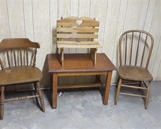 Vintage End Table, 2 Wooden Chairs, a Mini Bench