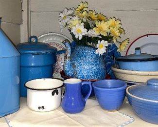 Enamelware and Graniteware collection including blue and white swirl