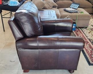 Pair Mocha High End Genuine Leather Reclining Chairs w/ Brass Tack Accents - double stitching, 40"w x 44"d x 40"h ($350 each)