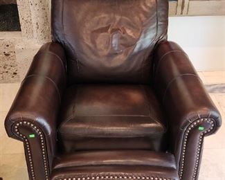 Pair Mocha High End Genuine Leather Reclining Chairs w/ Brass Tack Accents - double stitching, 40"w x 44"d x 40"h ($350 each)