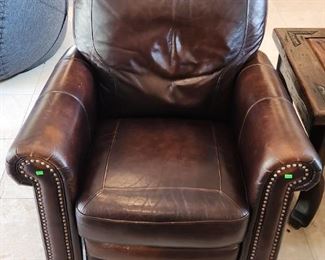 Pair Mocha High End Genuine Leather Reclining Chairs w/ Brass Tack Accents - double stitching, 40"w x 44"d x 40"h ($350 each)