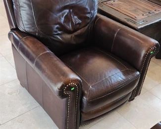 Pair Mocha High End Genuine Leather Reclining Chairs w/ Brass Tack Accents - double stitching, 40"w x 44"d x 40"h ($350 each)