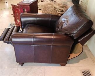 Pair Mocha High End Genuine Leather Reclining Chairs w/ Brass Tack Accents - double stitching, 40"w x 44"d x 40"h ($350 each)