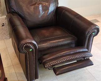 Pair Mocha High End Genuine Leather Reclining Chairs w/ Brass Tack Accents - double stitching, 40"w x 44"d x 40"h ($350 each)