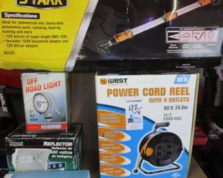 LOT OF 5 LIGHTS AND POWER CORD REEL INCLUDING STARK, WEST, MAG LITE AND MORE SOME NOS