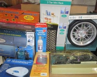 LOT OF 10 MISC ITEMS SOME NOS ALL IN ORIGINAL BOXES INCLUDING FURNIITURE MOVING SET, 3 TIER MINI RACK, AND MORE