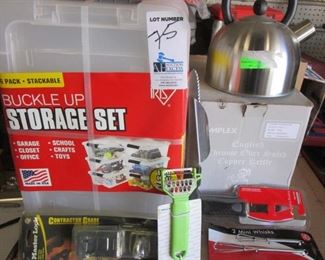 LOT HOUSEHOLD ITEMS APPEAR TO BE NOS INCLUDING CHROME OVER COPPER KETTLE, BUCKLE UP STORAGE SET AND MORE	