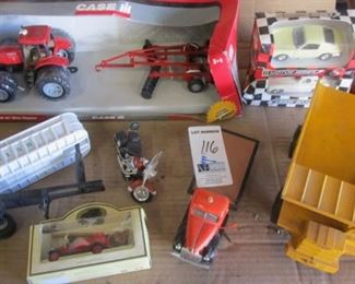 2 BINS STEEL TOY TRUCKS, CARS AND MORE INCLUDING ERTL COLLECTIBLES, GEARBOX WAYNE REPLICA AND MORE