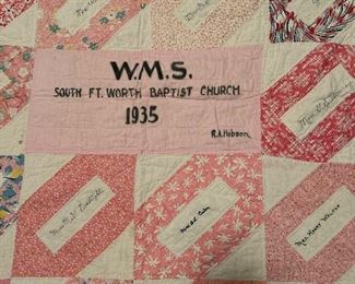 quilt made in 1935 with names of the south worth baptist church congregation 