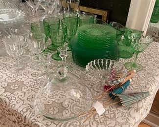 Green & Pink depression glass as well as a nice selection of vintage glassware